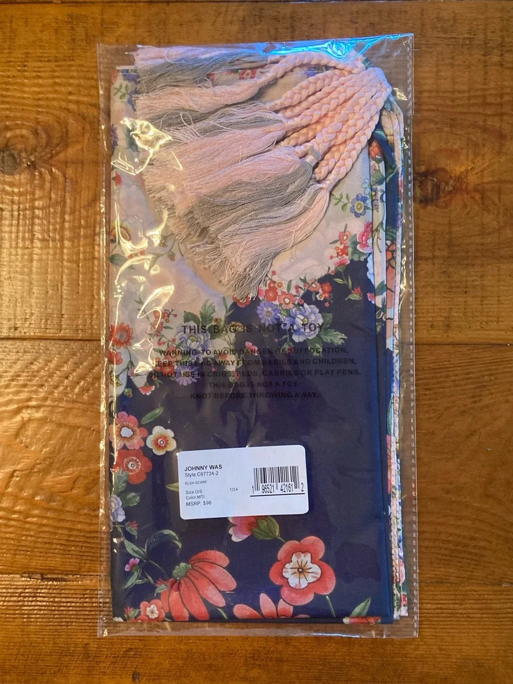 NEW Johnny Was Elsa Silk Scarf Floral Braided Tassels Large Blue Pink 44